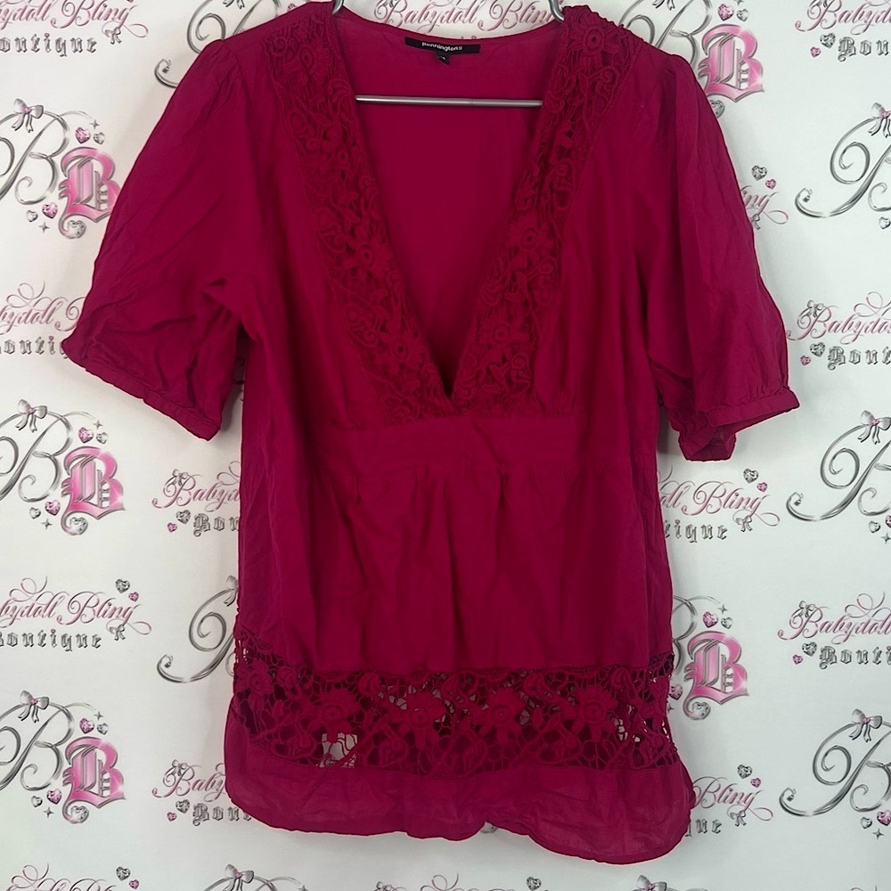 Penningtons tshirt tee crochet detail Deep Pink Lace Women's Blouse